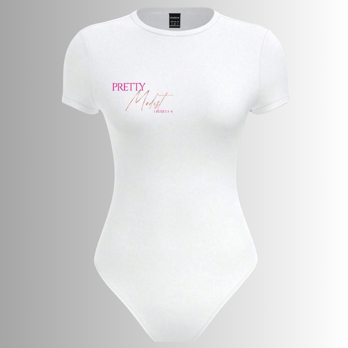 White bodysuit with pink text on a gray background