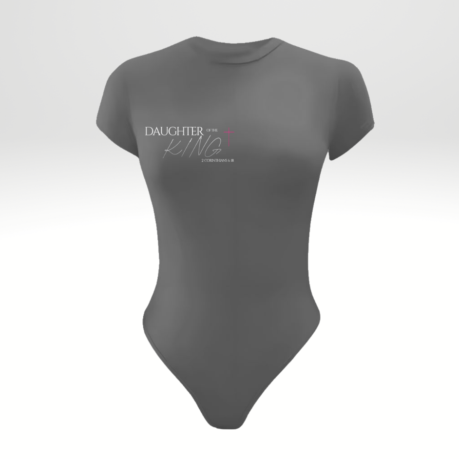 Gray bodysuit with text on a light gray background