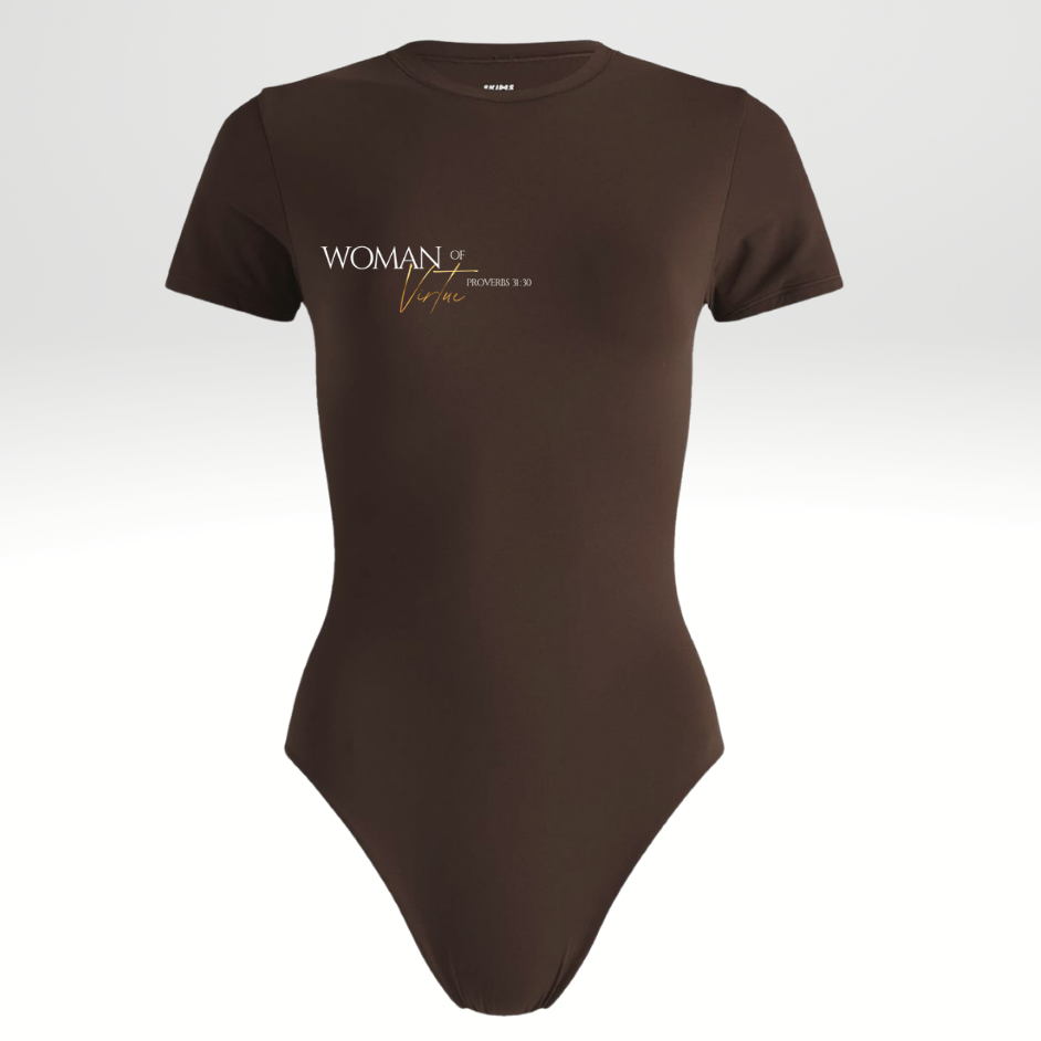 Brown bodysuit with text on a white background